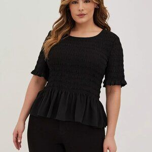 Black Smocked Peplum Top - Women